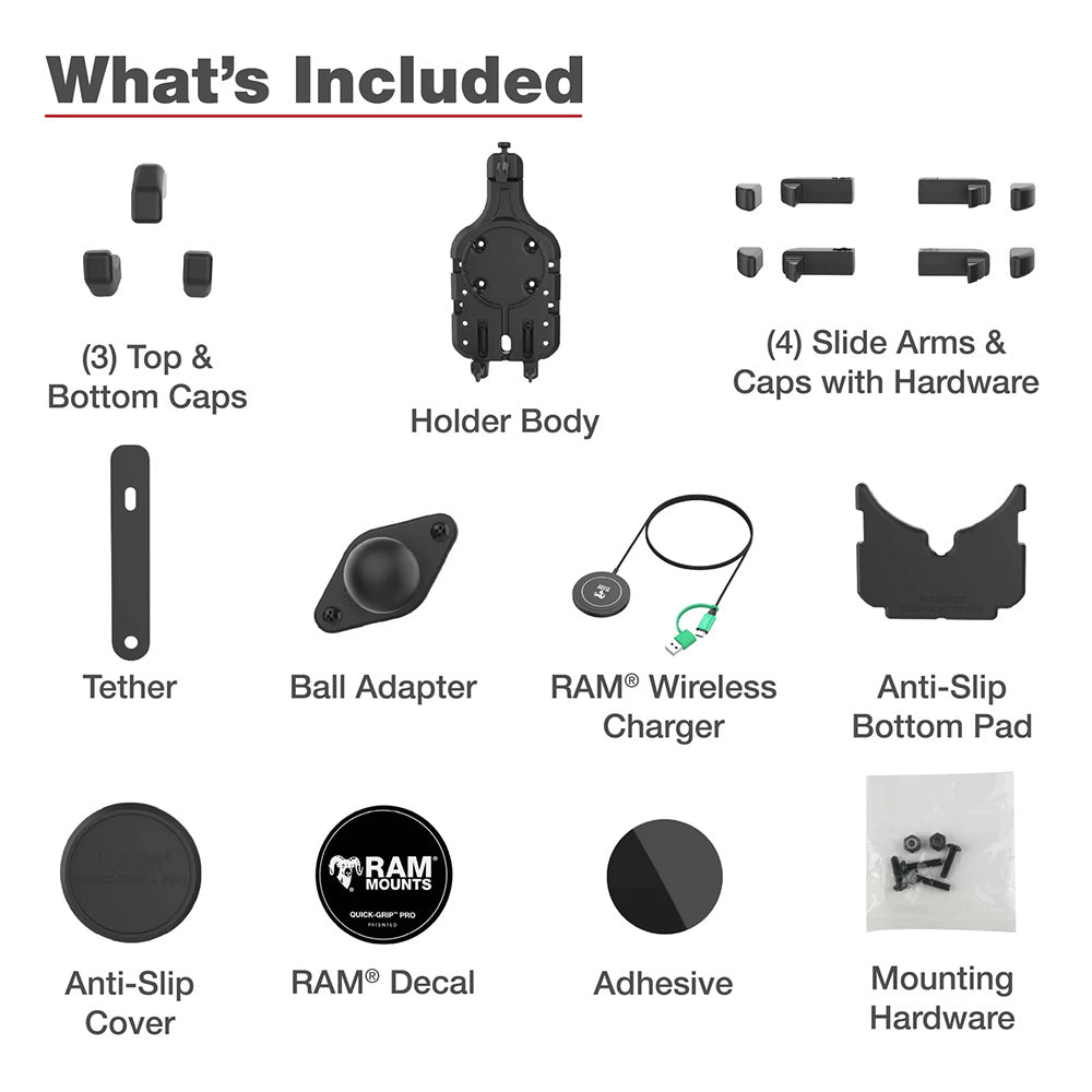 Ram Mount RAM QuickGrip Pro wBall Qi2 15W Wireless Charger RAMHOLPD5BW2MU