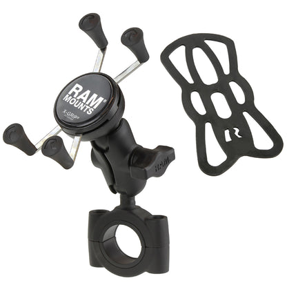 RAM Mount RAM Torque 1 18  1 12 Diameter HandlebarRail Base with B Size 1 Ball Short Arm and XGrip for Phones