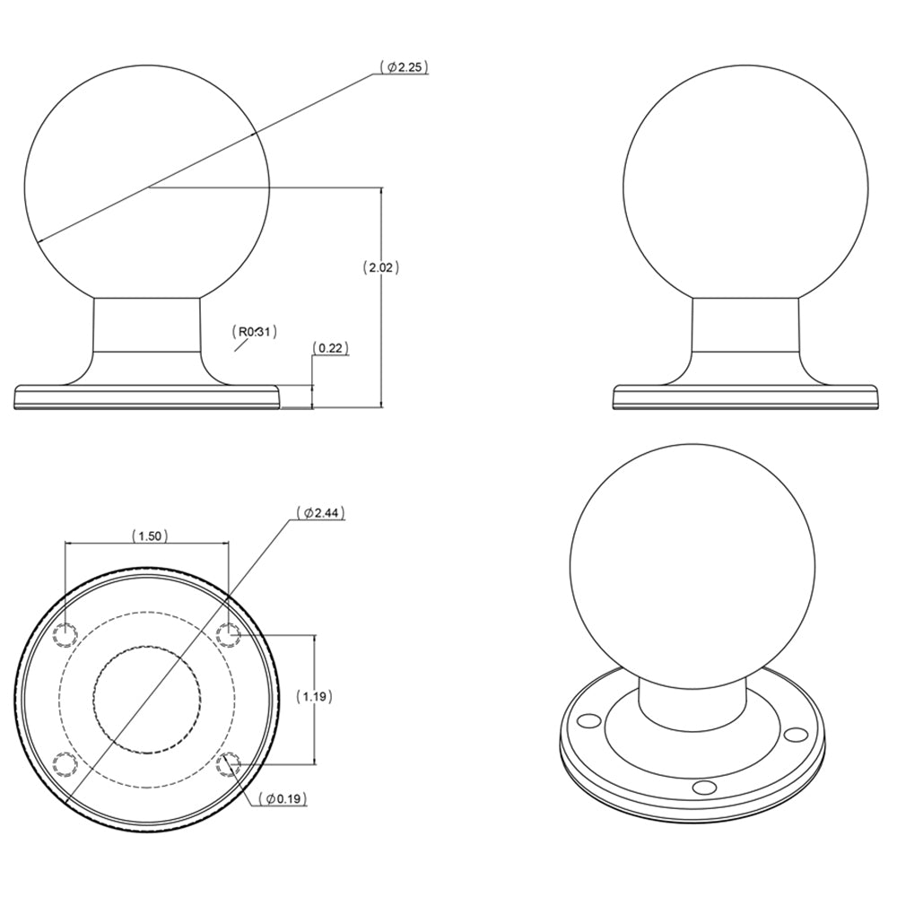 RAM Mount D Size 225 Ball on Round Plate wAMPS Hole Pattern RAMD254U